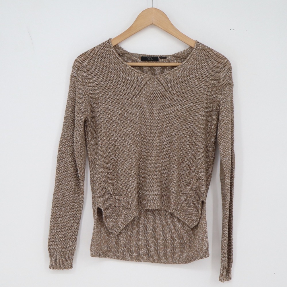 RDI Sweater Womens XS Pullover Tan Marled Elbow Patch High Low Hem Excellent